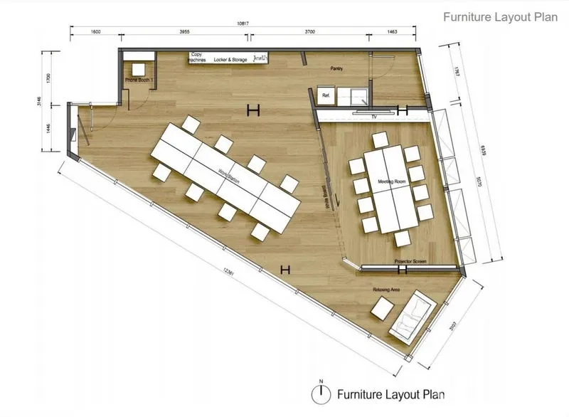 สำนักงาน ให้เช่าในChatuchak, Bangkok - ผังห้องแสดงโอเพ่นออฟฟิศ ห้องประชุม แพนทรี และมุมนั่งพัก