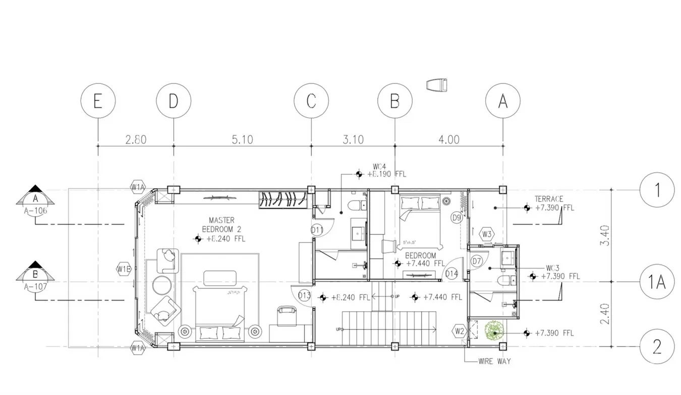 Townhouse for rent or sale in Watthana, Bangkok - Third-floor plan with two bedrooms, shared bathroom, storage and a small terrace.