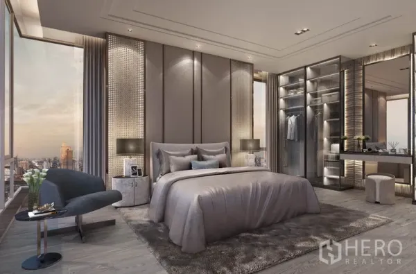 Condominium for sale in Bang Kho Laem, Bangkok - Luxury bedroom with floor-to-ceiling windows, built-in wardrobe and soft gray finishes facing a city view.