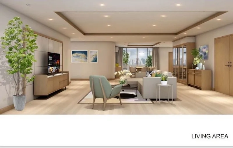 อพาร์ทเมนท์ ให้เช่าในKhlong Toei, Bangkok - ห้องนั่งเล่นกว้าง เฟอร์นิเจอร์โมเดิร์น ไฟดาวน์ไลท์ ผนังทีวี และวิวเมือง