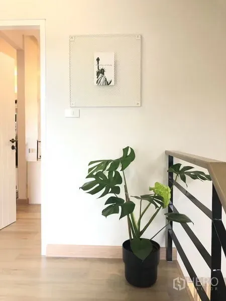 Shophouse for rent in Lat Phrao, Bangkok - Bright landing with light wood flooring, metal handrail and a potted plant beside an open doorway.