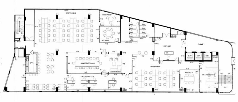 办公室 for rent in Bang Rak, Bangkok - 详尽的办公平面图，标出会议室与工作区域。