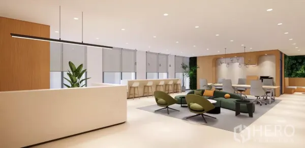 สำนักงาน ให้เช่าในHuai Khwang, Bangkok - ออฟฟิศแบบโอเพ่นสเปซ มีเคาน์เตอร์ต้อนรับ เลานจ์ โต๊ะยาวริมหน้าต่าง และพื้นที่ทำงาน