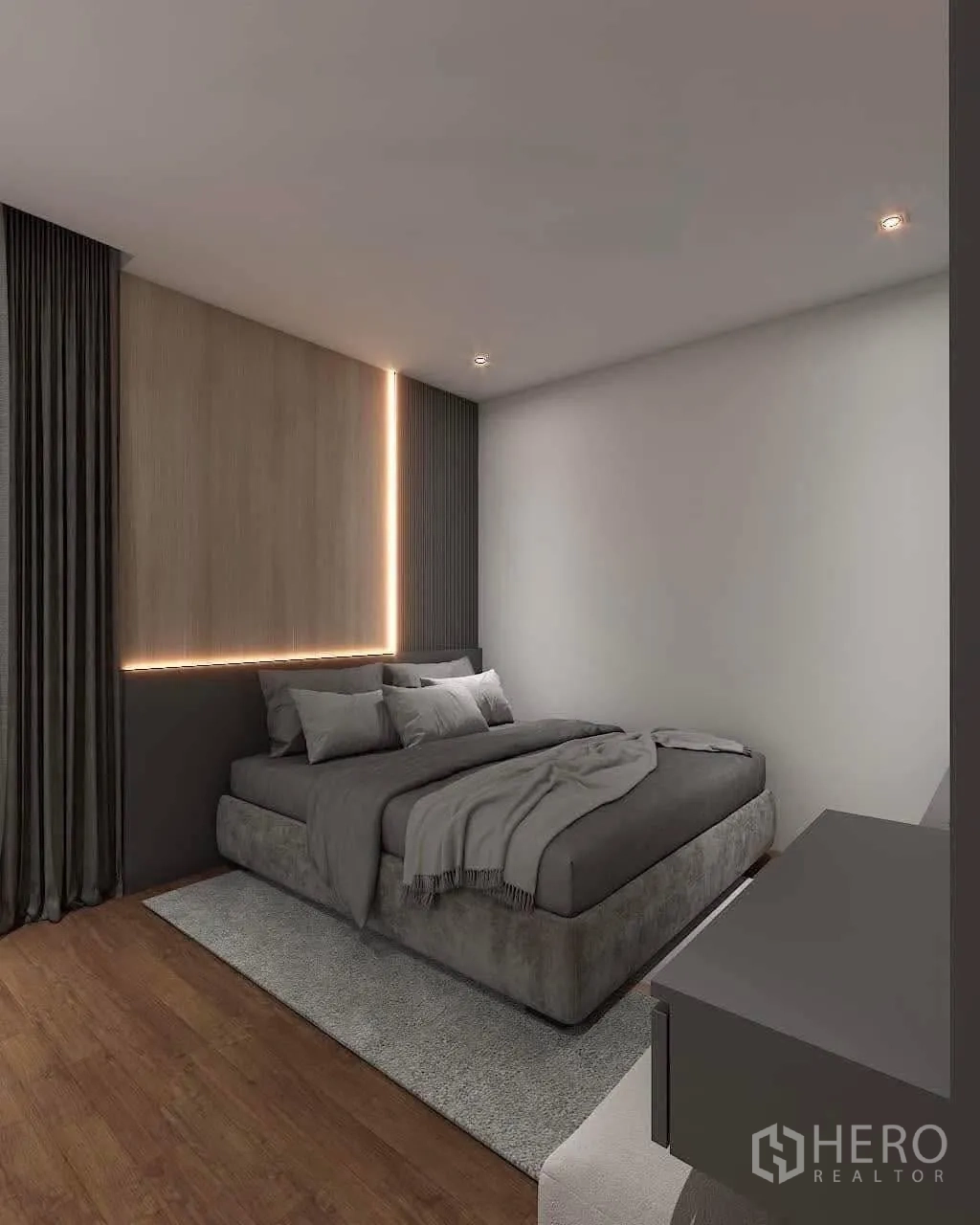 联排别墅 for rent in Bang Kapi, Bangkok - 宽敞卧室配特色灯带、窗帘与大床。