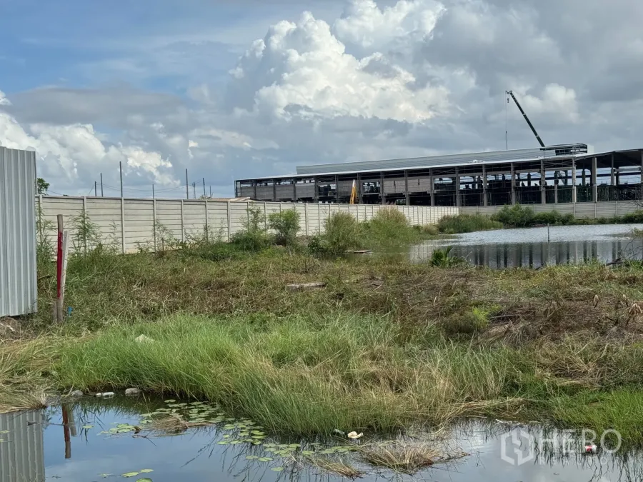 Land for sale in Samut Prakan - Vacant land with grass and a drainage pond beside a boundary wall near warehouses in Phra Samut Chedi.