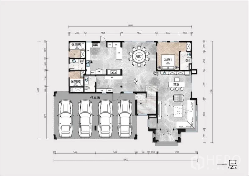 บ้าน ขายในLat Krabang, Bangkok - ผังชั้นหนึ่งแสดงพื้นที่นั่งเล่น ห้องอาหาร ครัว และที่จอดรถ 4 คัน