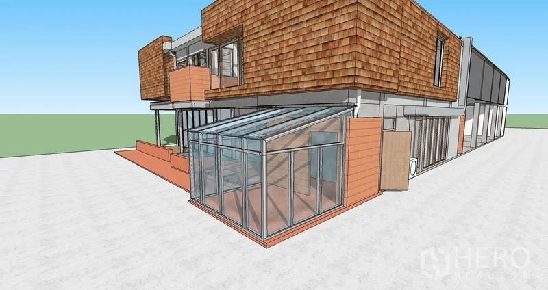 零售空间 出租在Watthana, Bangkok - 挑檐下玻璃零售附加体与橘色台阶的3D效果图。