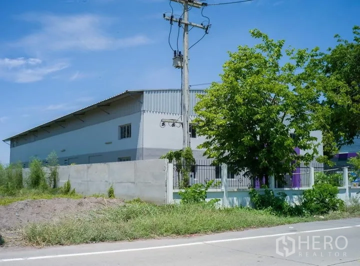 工厂 出租在Pathum Thani - 临主干道的工业建筑，围栏与大树相伴，前方有电线杆。