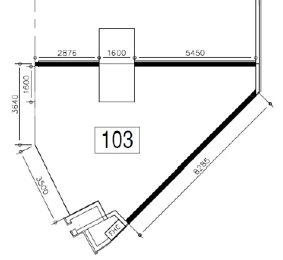 零售空间 出租在Pathum Wan, Bangkok - 51㎡商铺平面图，编号103，展示斜向临街面、尺寸与入口位置。