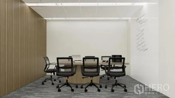 Office Space for rent in Dusit, Bangkok - Contemporary meeting room with six mesh chairs, wooden table and a writable whiteboard wall.