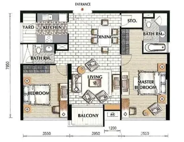 公寓 出租在Khlong Toei, Bangkok - 88平两卧两卫公寓户型图，带阳台，客餐一体，独立厨房与储物间。