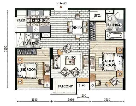 公寓 出租在Khlong Toei, Bangkok - 88平两卧两卫公寓户型图，带阳台，客餐一体，独立厨房与储物间。