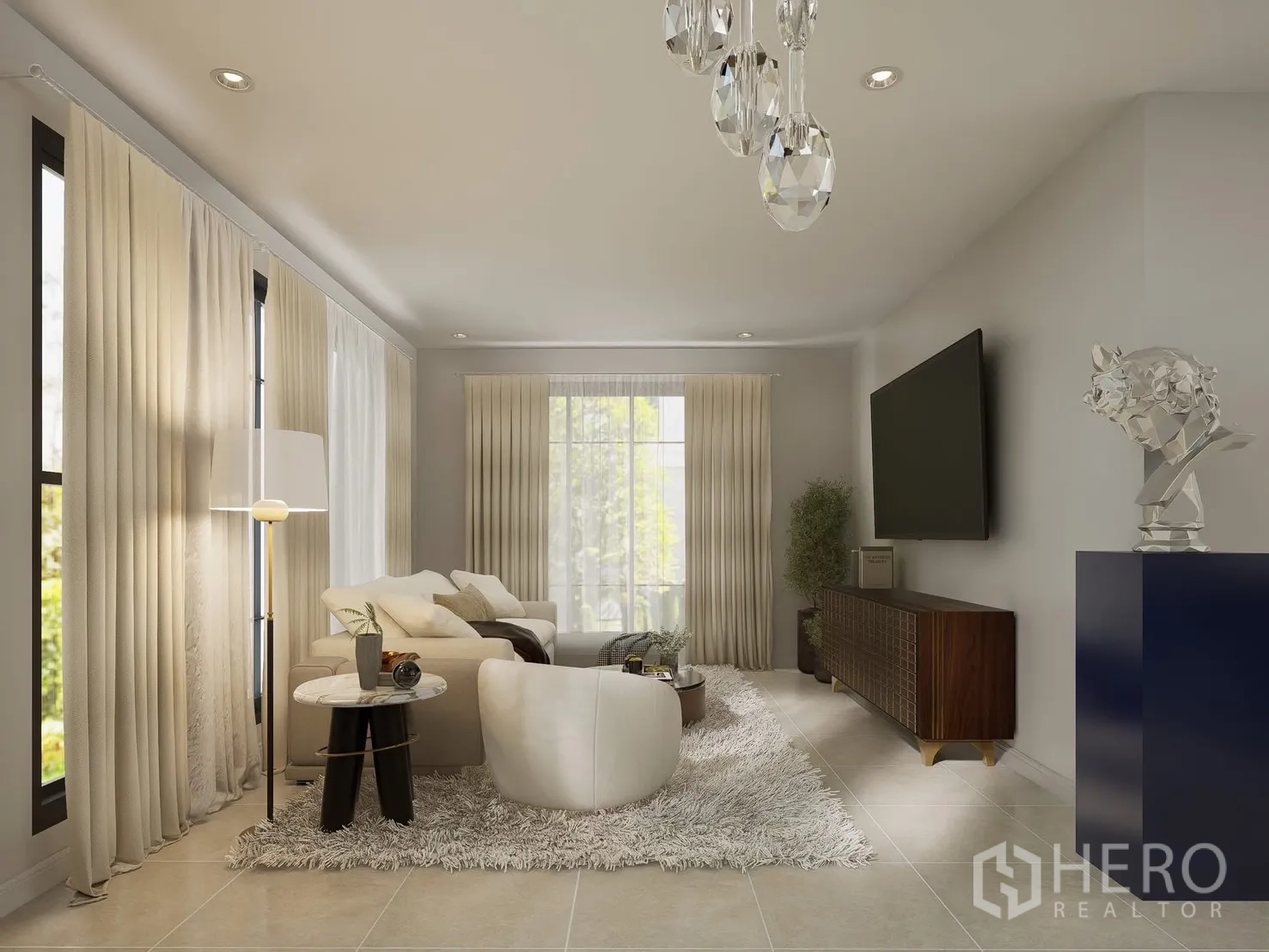 独立式住宅 出租在Bang Phli, Samut Prakan - 舒适家庭室，沙发、电视与柔和灯光。