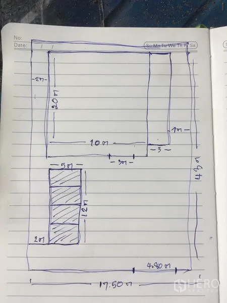 Warehouse for rent in Saphan Sung, Bangkok - Hand-drawn site plan showing the warehouse layout and dimensions.