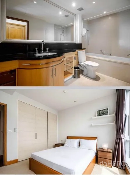 公寓 出租在Sathon, Bangkok - 第二卫浴设长台盆与浴缸；明亮卧室配衣柜。