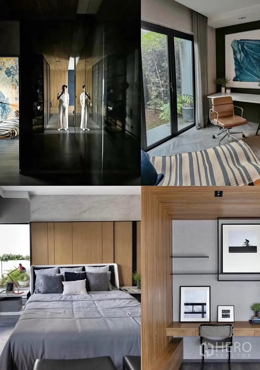 Townhouse for rent or sale in Bang Phli, Samut Prakan - Collage showing a mirrored walk-in wardrobe, garden-view home office, serene bedroom and built-in study desk.