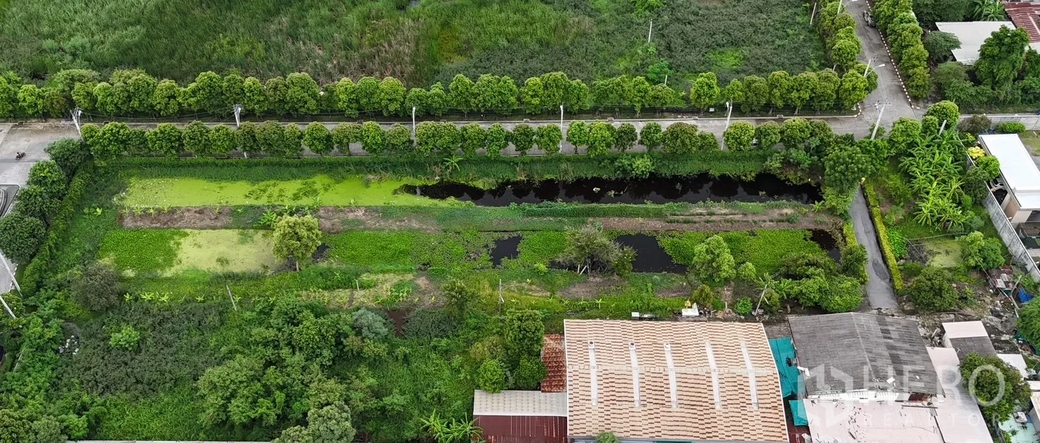 ที่ดิน ขายในKhlong Sam Wa, Bangkok - ภาพโดรนเห็นที่ดินทรงสี่เหลี่ยม มีคลองและบ่อน้ำด้านใน พร้อมถนนทางเข้าเรียงต้นไม้