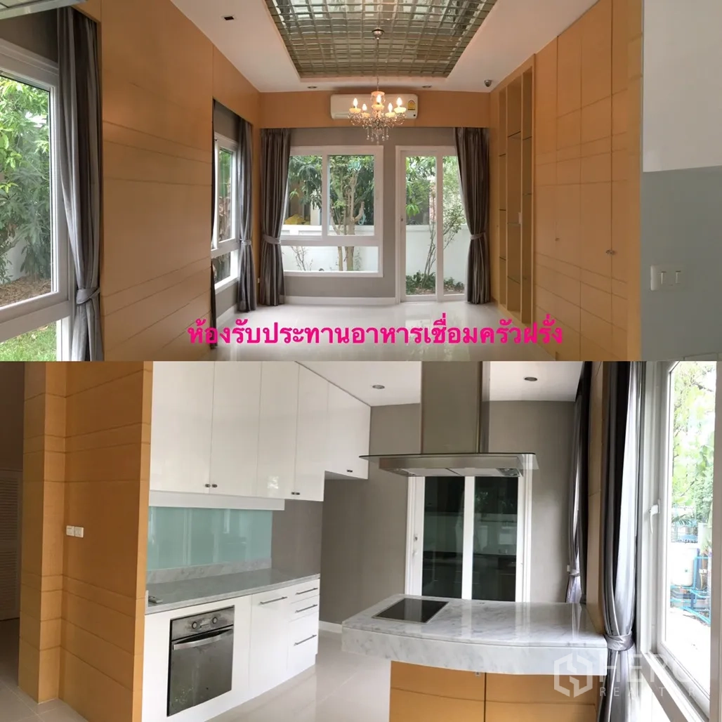 บ้าน ขายในLat Krabang, Bangkok - มุมทานข้าวสว่างเห็นสวน เพดานโคมระย้า และครัวสีขาวท็อปหินพร้อมไอส์แลนด์