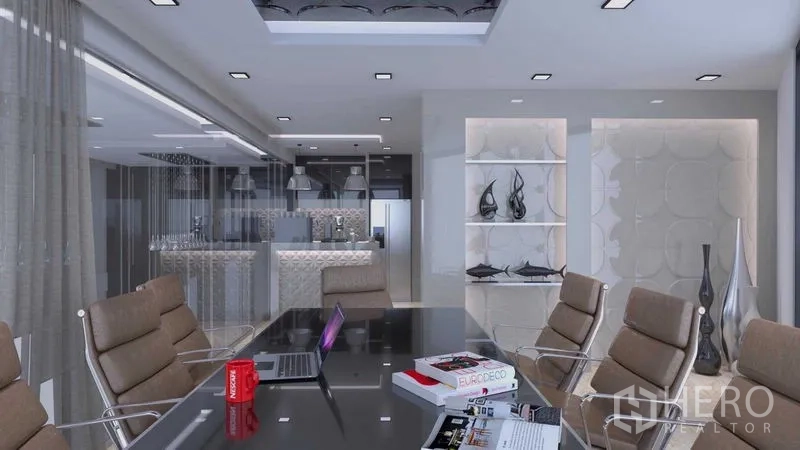 Shophouse for rent in Khlong San, Bangkok - Glass-walled conference room with leather chairs facing the pantry area.