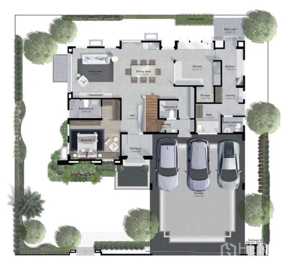 Detached House for sale in Taling Chan, Bangkok - Ground-floor plan illustrating room layout, garden space and a spacious garage area.