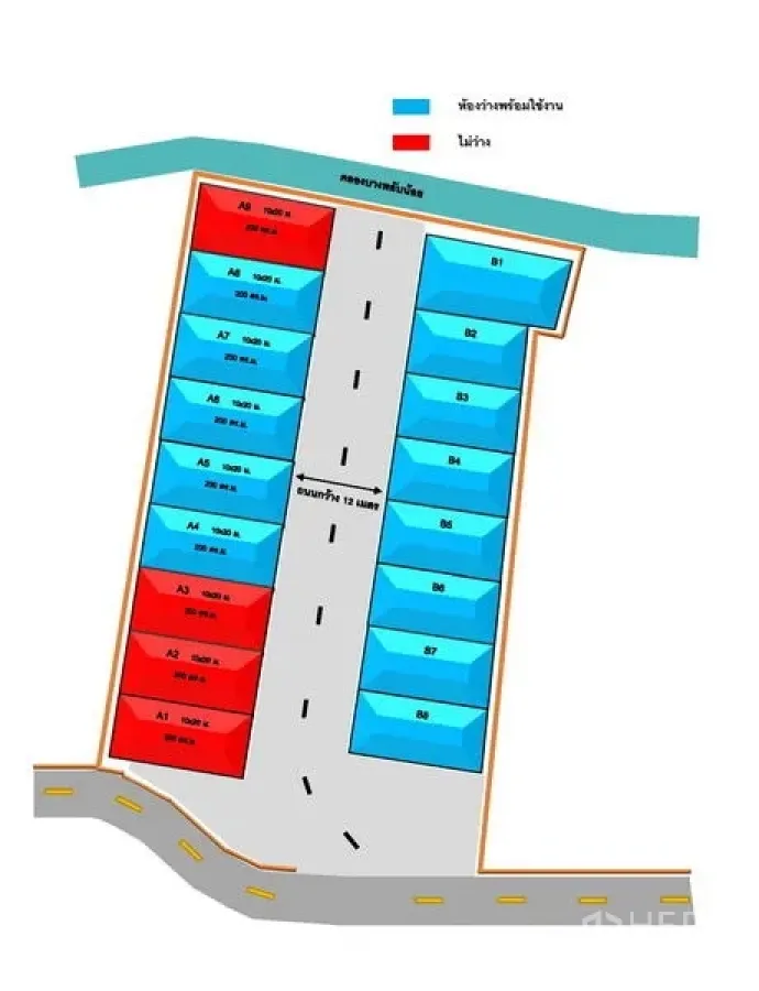 คลังสินค้า ให้เช่าในPak Kret, Nonthaburi - ผังโครงการโกดังในปากเกร็ด แสดงยูนิตสองแถว ถนนภายในกว้าง 12 เมตร ติดคลอง และแสดงสถานะว่าง/ไม่ว่างด้วยสี