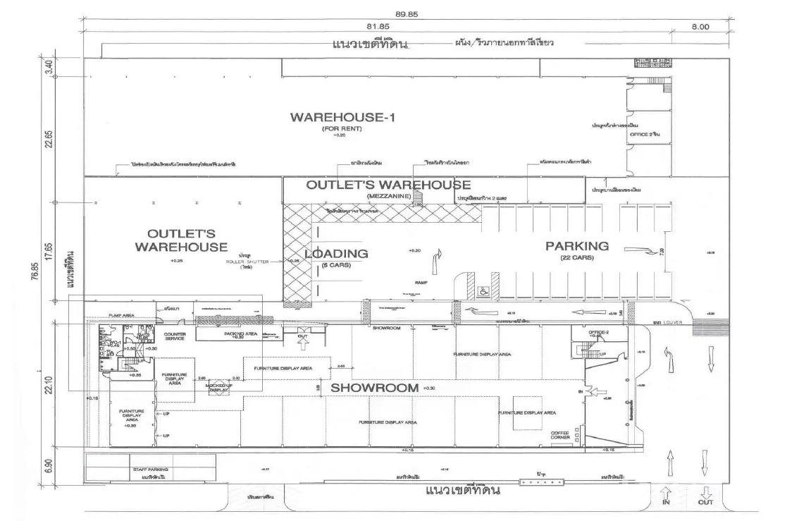 货栈 出租在Khlong Luang, Pathum Thani - 总平面图显示仓库、夹层、装卸区及停车位。