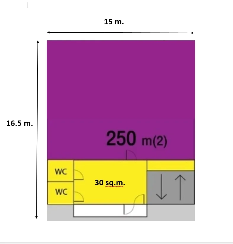 工厂 出租在Khlong Luang, Pathum Thani - 单元平面图，标注250㎡仓库区与30㎡办公室及卫生间。