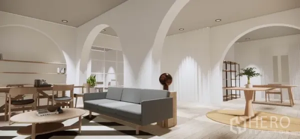 บ้าน ให้เช่าในKhlong Toei, Bangkok - ห้องนั่งเล่นและรับประทานอาหารกว้าง เพดานโค้ง เฟอร์นิเจอร์มินิมอล แสงไฟอบอุ่น