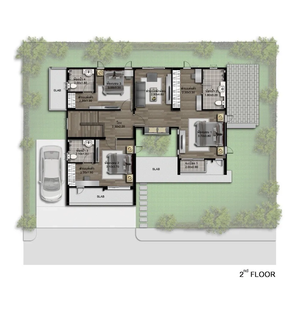 独栋房屋 for rent in Lam Luk Ka, Pathum Thani - 二层户型图，展示多间卧室、浴室与楼梯厅。