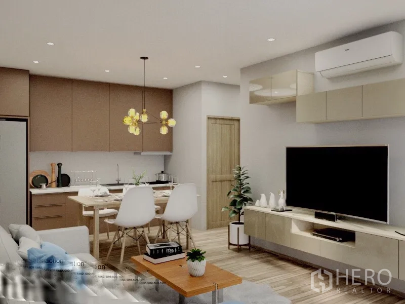 Condominium for rent or sale in Watthana, Bangkok - Open-plan living, dining, and kitchen with pendant lighting, TV wall unit, and warm wood accents.