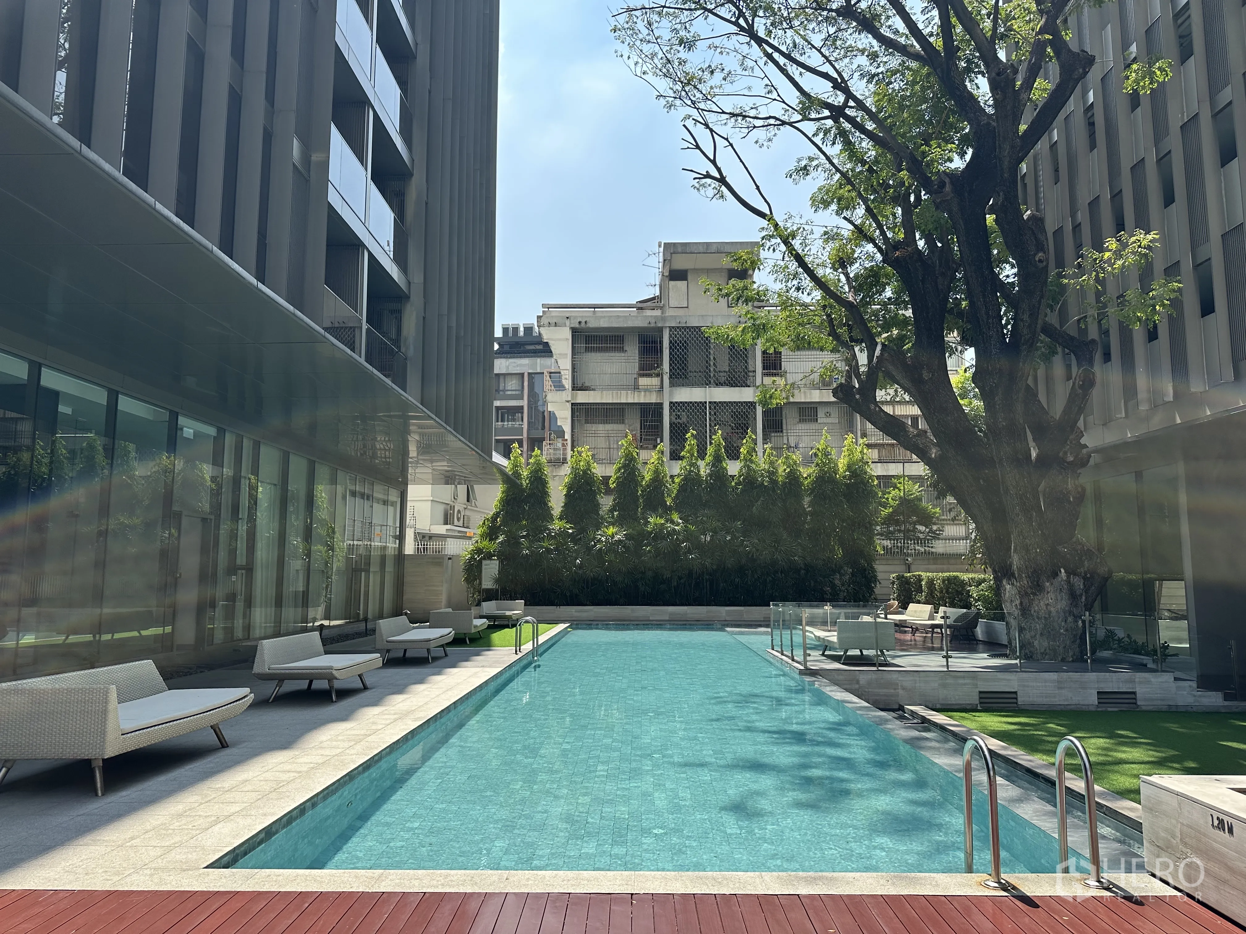 คอนโด for rent in Khlong Toei, Bangkok - สระว่ายน้ำกลางแจ้งพร้อมเตียงอาบแดดและต้นไม้ใหญ่ในคอร์ทสวน