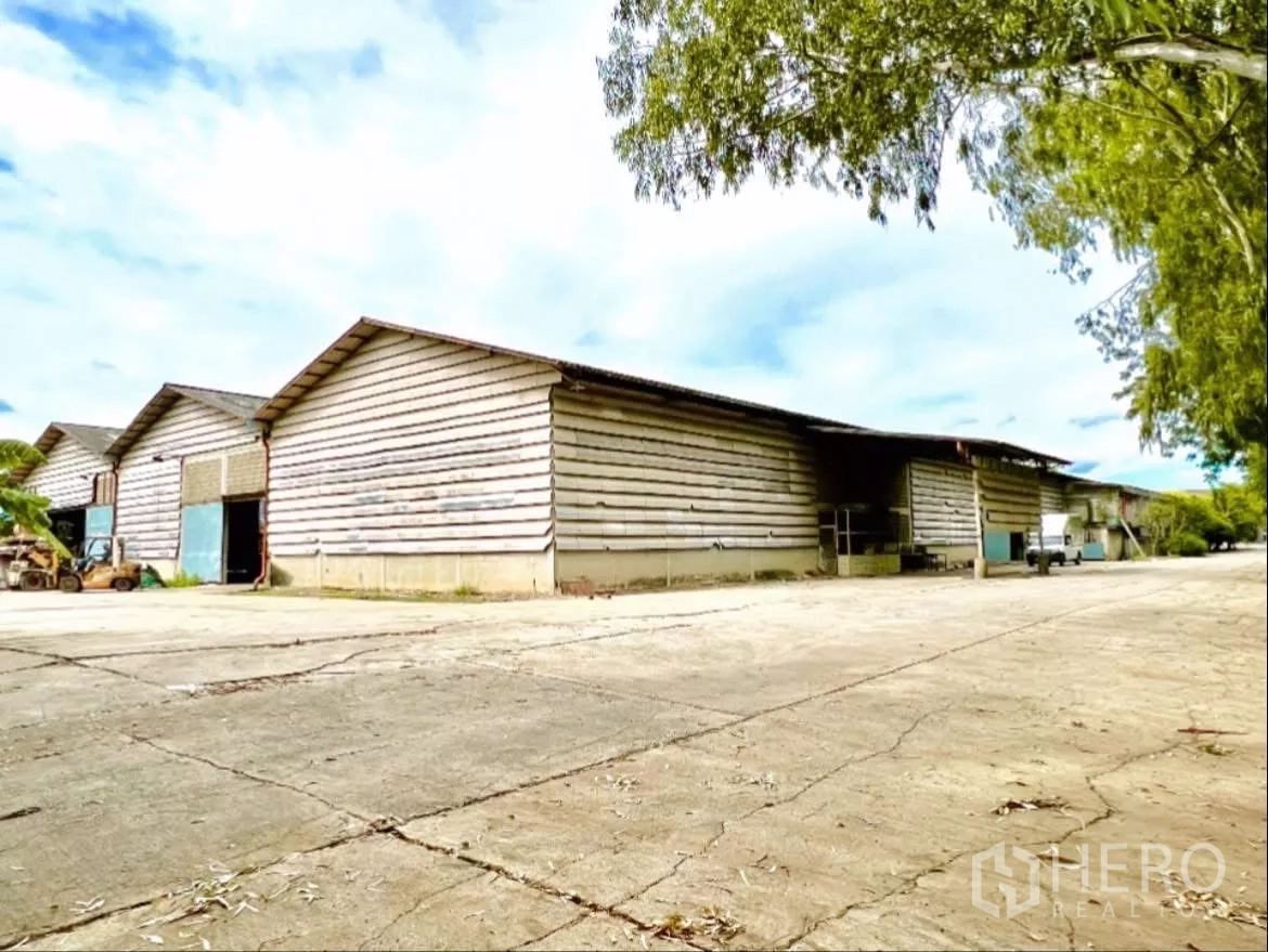 工厂 出租在Sai Noi, Nonthaburi - 工厂外观多连栋建筑，波纹墙体，前方宽阔混凝土场地与树荫。