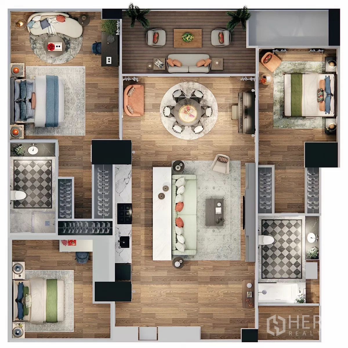 คอนโด ให้เช่าในKhlong San, Bangkok - ผังห้องคอนโด 3 ห้องนอน 2 ห้องน้ำ พร้อมพื้นที่นั่งเล่นกว้างและระเบียงใหญ่