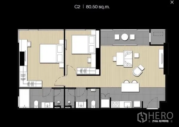 公寓 出租在Bang Na, Bangkok - 80.5㎡两卧两卫公寓户型图，带阳台与开放式起居空间。