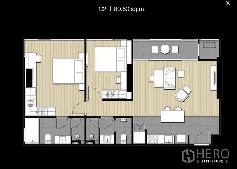 公寓 出租在Bang Na, Bangkok - 80.5㎡两卧两卫公寓户型图，带阳台与开放式起居空间。