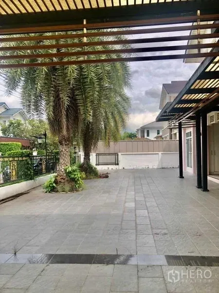 บ้าน ขายในLat Krabang, Bangkok - ลานเปิดโล่งข้างบ้านมีต้นปาล์มและทางเดินมีชายคา