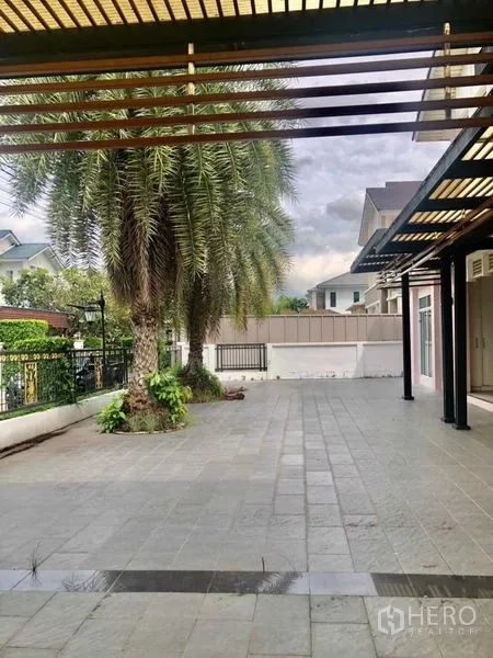 บ้าน ขายในLat Krabang, Bangkok - ลานเปิดโล่งข้างบ้านมีต้นปาล์มและทางเดินมีชายคา