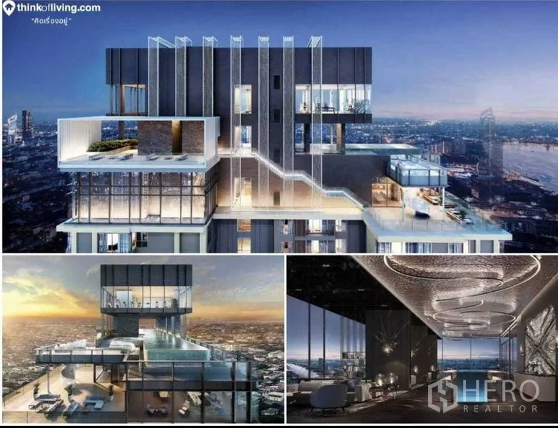 Condominium for sale in Bang Kho Laem, Bangkok - Luxury high‑rise condominium with stepped rooftop terraces, glass façade and river–city skyline at dusk.