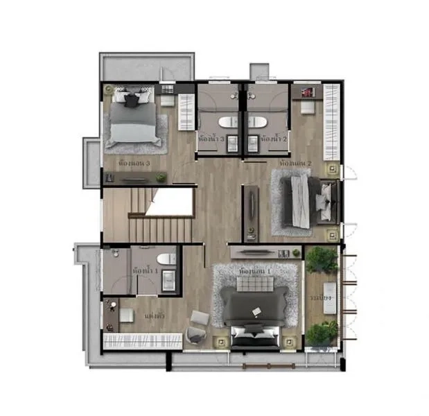 独立式住宅 出租在Bang Kapi, Bangkok - 二层户型图：三间卧室、多间卫浴与家庭区