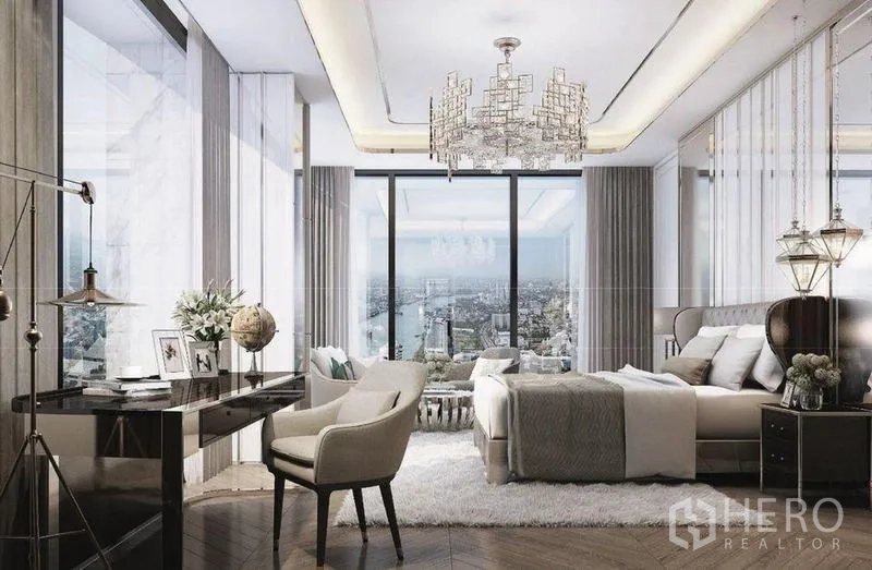 Condominium for sale in Bangkok - Master bedroom with work desk, floor-to-ceiling glass and far-reaching city views.
