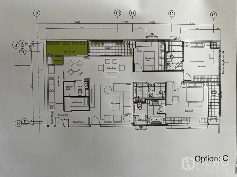 คอนโด ให้เช่าหรือขายในWatthana, Bangkok - ผังห้องคอนโด 3 ห้องนอน แสดงตำแหน่งห้องนั่งเล่น รับประทานอาหาร ครัว และห้องน้ำ