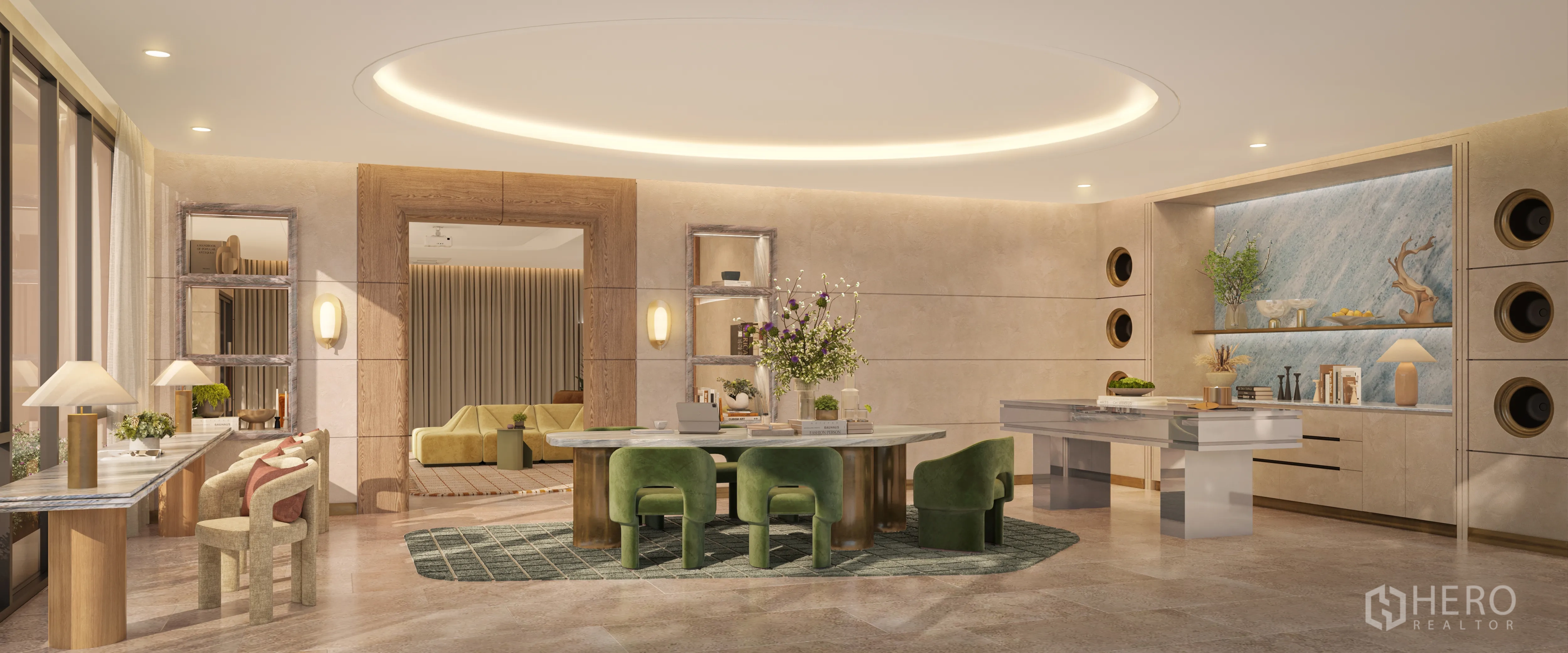 คอนโด for sale in Watthana, Bangkok - เลานจ์ผู้อยู่อาศัยสไตล์หรู มีไฟเพดานวงแหวน โต๊ะหินทรงกลม เก้าอี้สีเขียว ชั้นบิวท์อิน เคาน์เตอร์ทำงาน และหน้าต่างบานใหญ่ภายในคอนโดมิเนียมสมัยใหม่