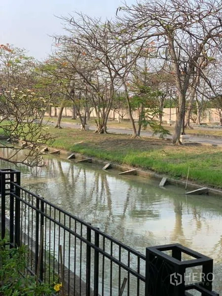 独立式住宅 出租在Lat Krabang, Bangkok - 后院临运河景观，金属围栏与河岸树木相伴。