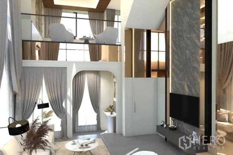 ทาวน์เฮาส์ ขายในSuan Luang, Bangkok - ชั้นลอยเมซสนีนมองลงสู่ห้องนั่งเล่น เพดานสูงโปร่ง