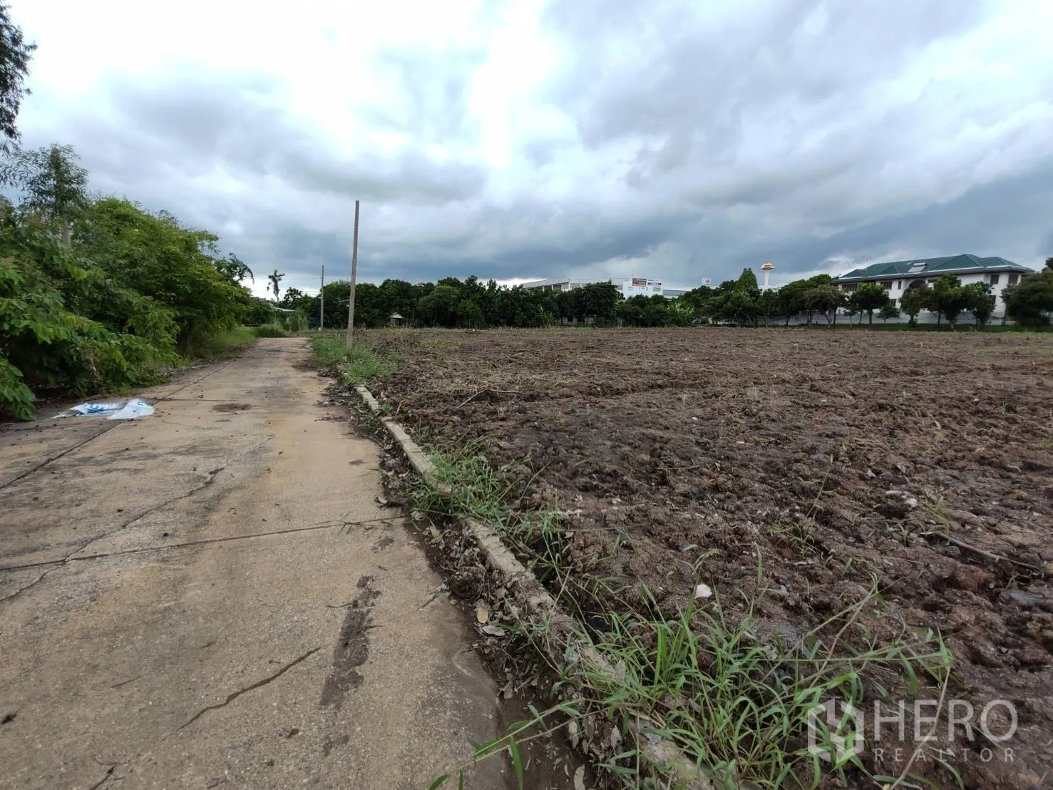 Land for sale in Khlong Luang, Pathum Thani - Leveled soil field next to a concrete road with low-rise buildings in the distance.
