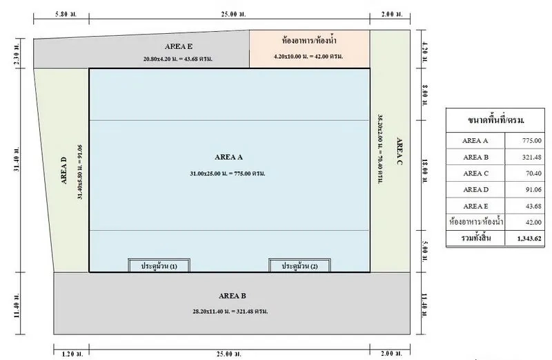 Warehouse for rent in Pak Kret, Nonthaburi - Site and floor plan of the warehouse showing a 1,343 sq m layout with loading bays.