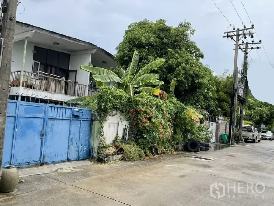 Detached House for sale in Khlong Toei, Bangkok - Two-storey detached house with balcony, blue metal gate and lush vines on a quiet Phra Khanong lane.