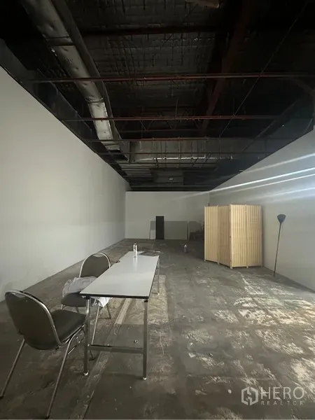 พื้นที่ขายปลีก ให้เช่า - ภายในแปลนโล่งลึก เพดานสูงแบบเปิดโชว์งานระบบ และพื้นยังไม่ปูเสร็จ