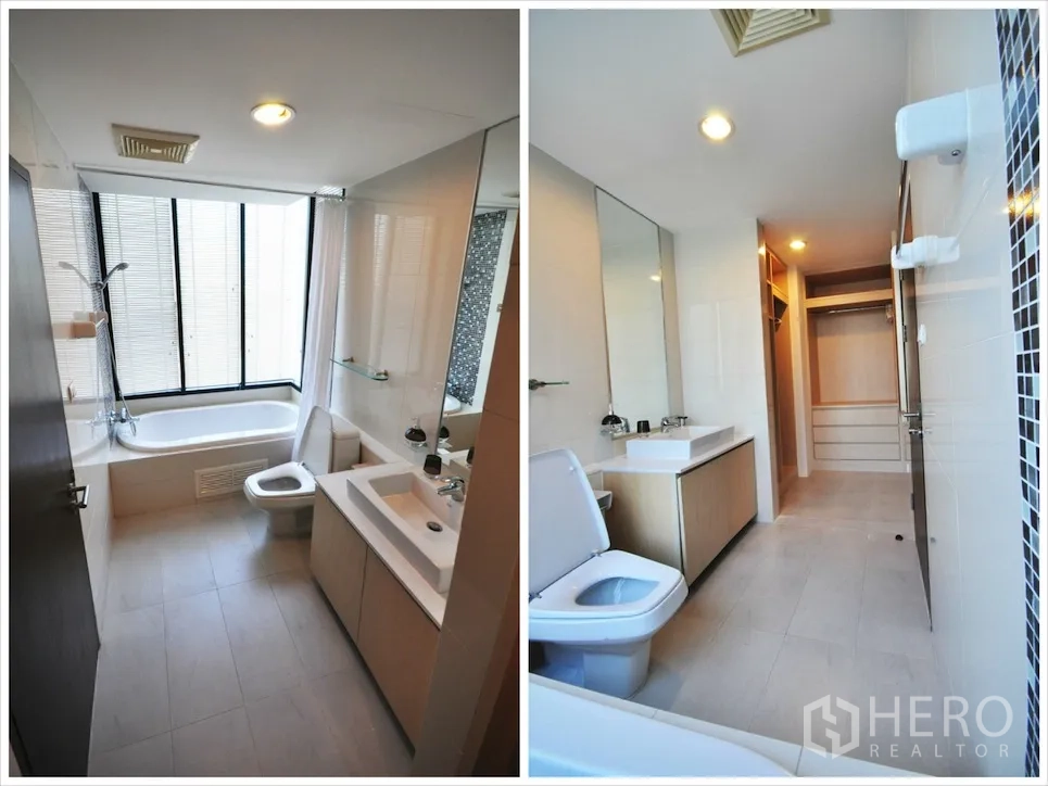 คอนโด ให้เช่าหรือขายในWatthana, Bangkok - ห้องน้ำกว้าง มีอ่างอาบน้ำพร้อมฝักบัว กระจกบานใหญ่ เคาน์เตอร์อ่างล้างหน้า และช่องแสง