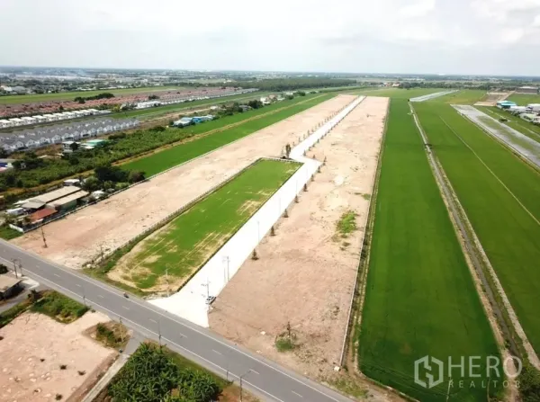 Land for sale in Lam Luk Ka, Pathum Thani - Aerial view of a new land development with subdivided plots bordered by green rice fields and a main road.